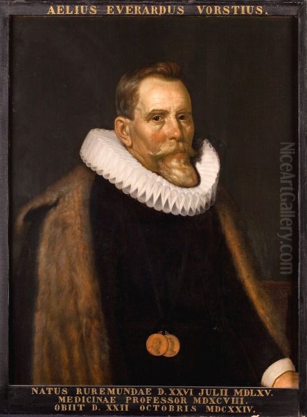 Portret van Aelius Everhard Vorstius, hoogleraar Natuurkunde en Geneeskunde te Leiden Oil Painting by Joris van Schooten