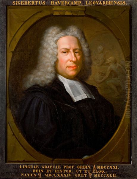 Portret van Sigebertus Havercamp, hoogleraar Grieks, Historie en Welsprekendheid te Leiden Oil Painting by Hieronymus van der Mij