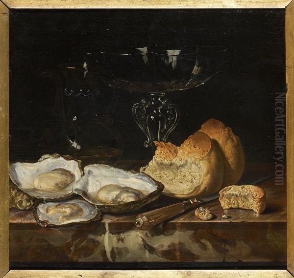 Still life with a glass tazza, bread, oysters and a knife Oil Painting by Hendrick Fromantiou