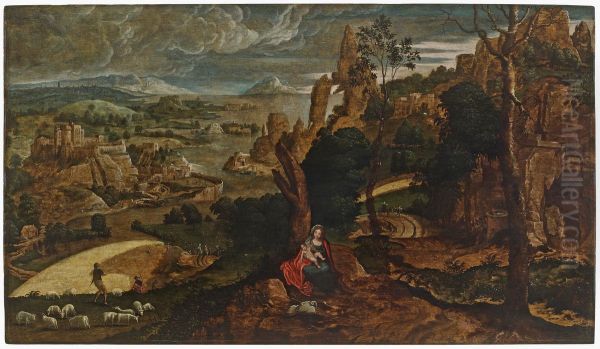 Panoramic landscape with the Rest on the Flight into Egypt Oil Painting by Matthys Cock