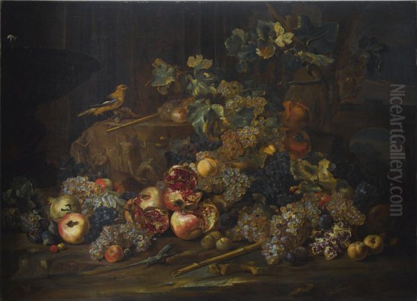 Stilleven met fruit en een vogel rond een Romeins relieffragment Oil Painting by Michele Pace del Campidoglio