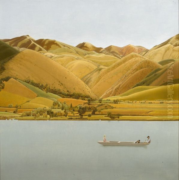 Boat with Three People on a Lake Oil Painting by Winifred Knights