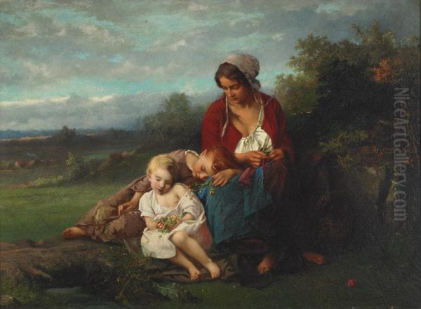 Mother And Children Resting In A Field Oil Painting by Henry Campotosto