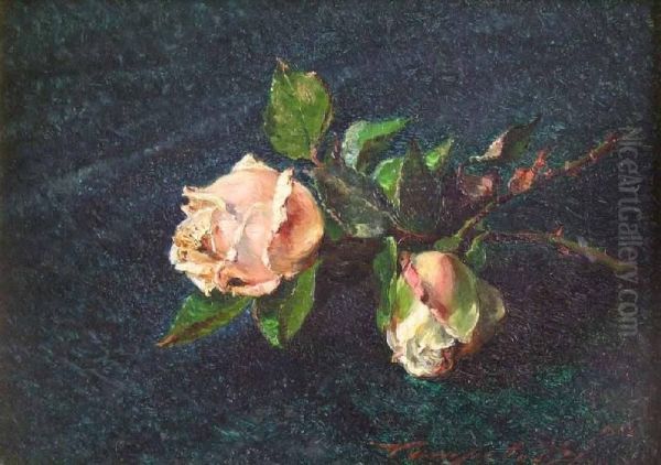 Still Life Of Two Pink And White Roses Oil Painting by Henry Campotosto