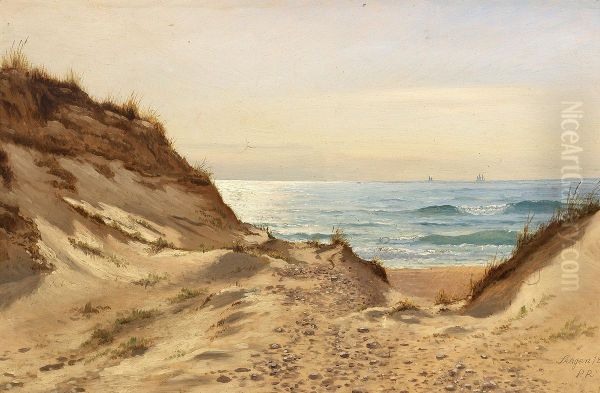 View throught the dunes at Skagen beach. Oil Painting by Johan Peter Raadsig