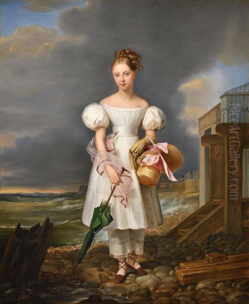 Portrait of the Young Princess Louise d'Artois, Daughter of the Duchess of Berry, future Duchess of Parma (1819-1864) on the Beach at Dieppe Oil Painting by Alexandre-Jean Dubois-Drahonet