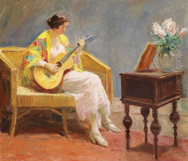 A young woman playing the guitar, sitting in a wicker sofa. Oil Painting by Poul Friis Nybo