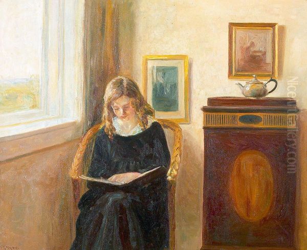 Interior with a young woman reading. Oil Painting by Poul Friis Nybo