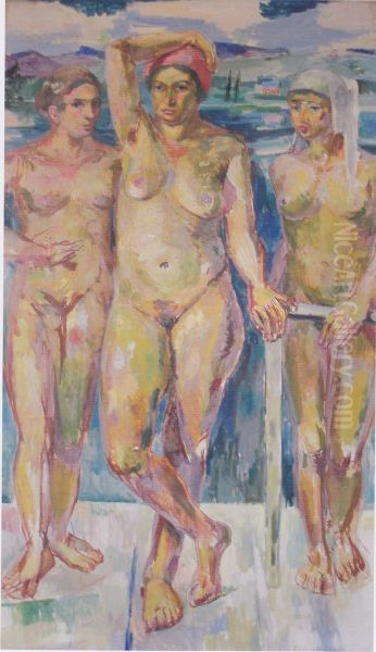 Three female nudes in front of a lake Oil Painting by Felix Esterl