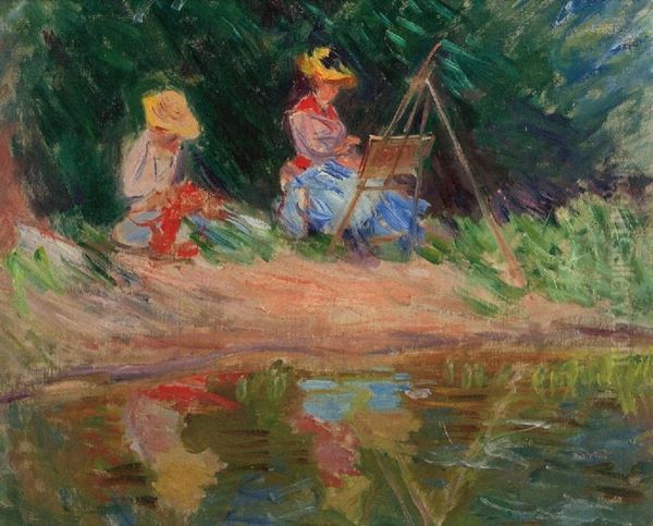 Blanche Monet peignant avec sa soeur Suzanne au bord de l'eau Oil Painting by Claude Monet