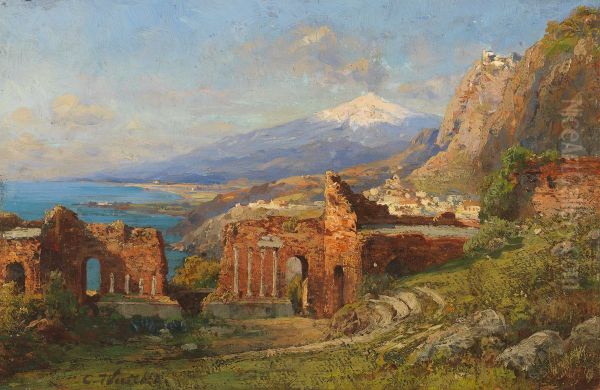 View from the ancient theater in Taormina to Mount Etna Oil Painting by Carl Wuttke