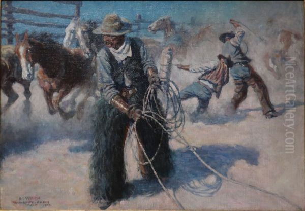 Roping Horses in the Corral Oil Painting by N. C. Wyeth