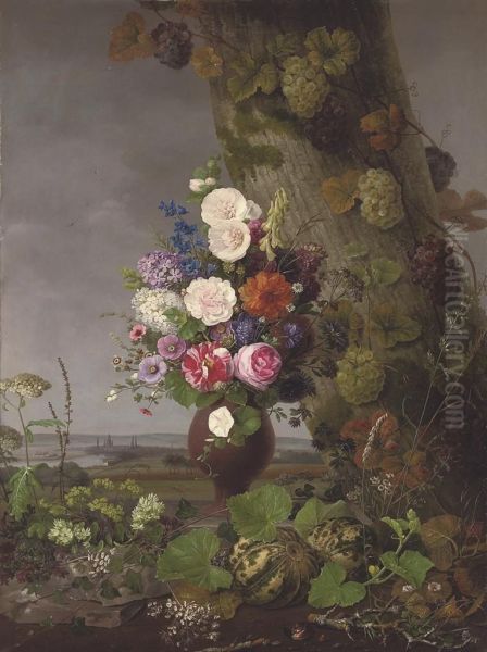 A Still Life Of Wild And Cut Flowers, A Landscape Beyond Oil Painting by Frederik Christian Camradt