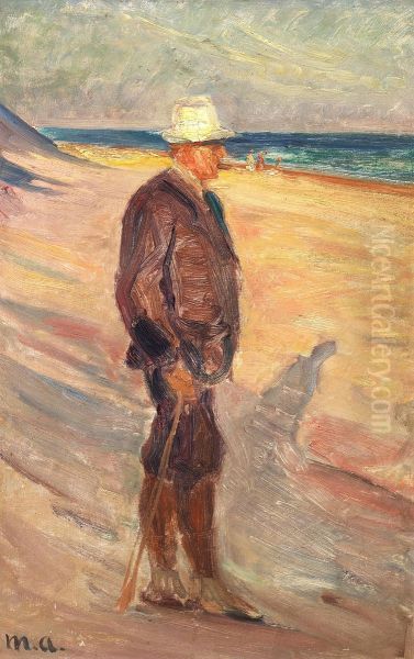 A man with a white hat and a stick at Skagen Beach. Oil Painting by Michael Peter Ancher