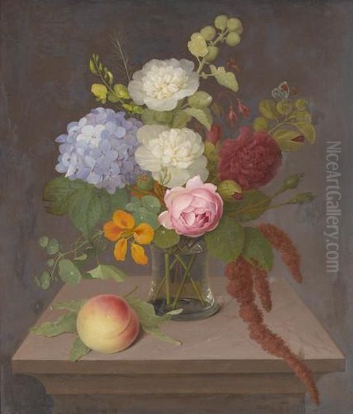 Stillleben Mit Blumenstrauss Und Pfirsich Oil Painting by Johannes Ludwig Camradt