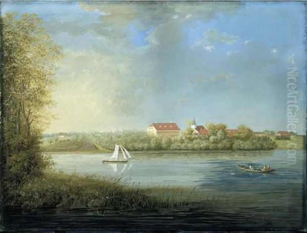 A Pair Of Danish Landscapes, One With Farm Buildings And A Windmill By A Lake, The Other With Boats On A River And A Monastery Behind Oil Painting by Johannes Ludwig Camradt