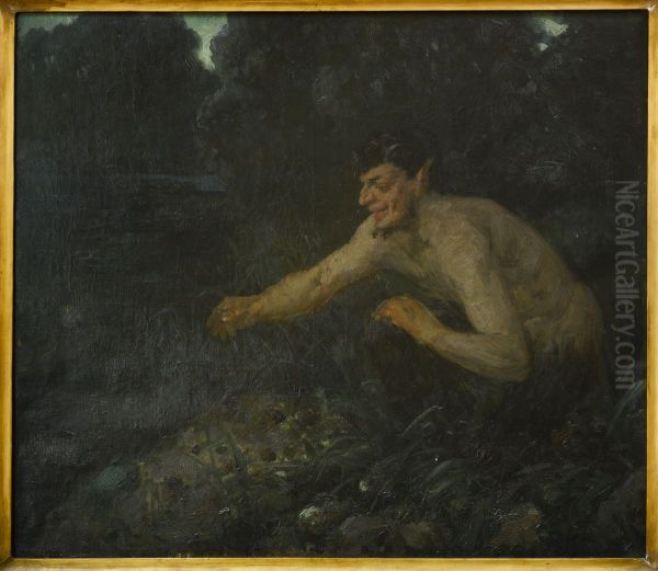 Faun hurkend bij een plas Oil Painting by Frans Hermesdorf