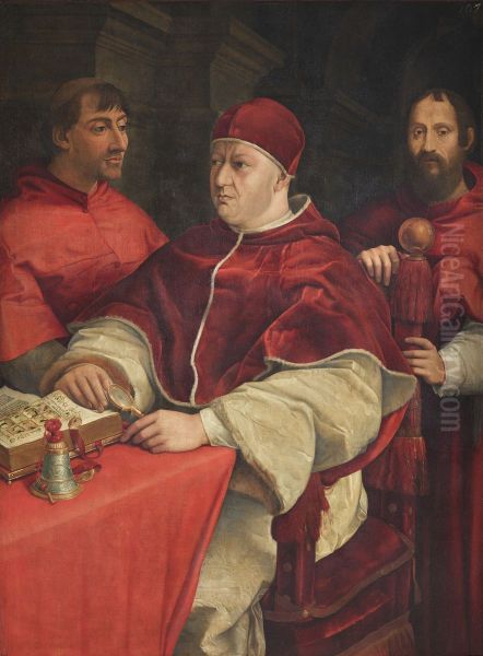 Ritratto di papa Leone X de' Medici con i cardinali Giulio de' Medici e Innocenzo Cybo Oil Painting by Giuliano Bugiardini