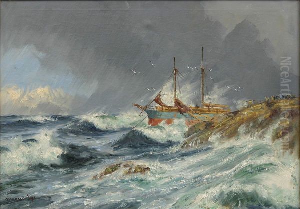 A foundered ship on a stormy coast. Oil Painting by Mogens Ege