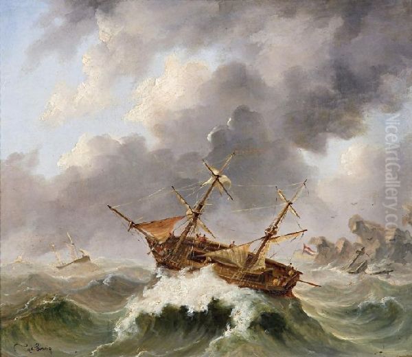 Sailors in the storm Oil Painting by Egide Linnig