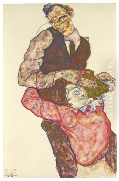 Lovers (Self-portrait with Wally) Oil Painting by Egon Schiele