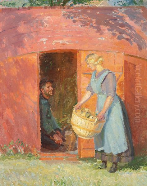 A fisherman of Skagen in a shed built from an old boat, courting a young woman. Oil Painting by Anna Ancher