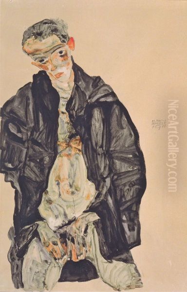 Selbstbildnis als Halbakt in schwarzer Jacke Oil Painting by Egon Schiele