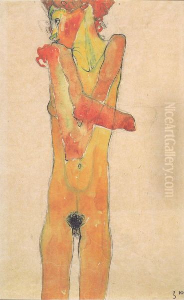 Standing female nude with crossed arms Oil Painting by Egon Schiele