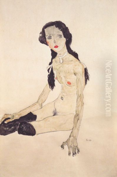 Sitzendes Madchen mit Pferdeschwanz Oil Painting by Egon Schiele