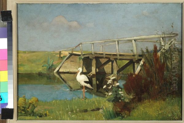 Landscape with stork and wooden bridge Oil Painting by Piet Meiners