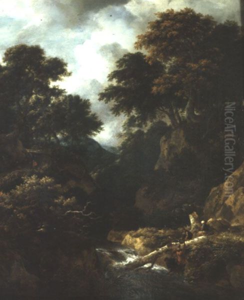 VERVALLEN Berglandschap, Het vissen van kreeftjes, Oil Painting by Jacob Van Ruisdael