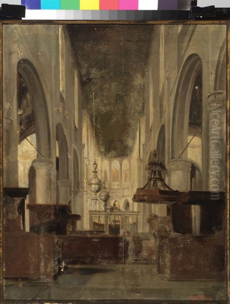 Het interieur van de St. Jan te Gouda, gezien naar het koor. Oil Painting by Gijsbert Johannes Verspuy