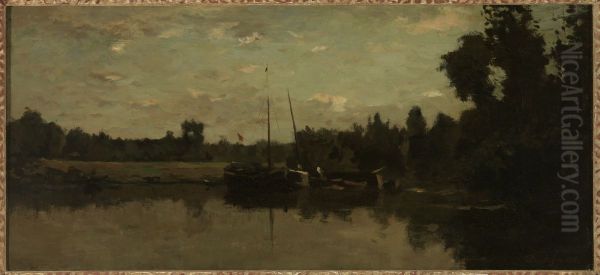 Landschap met schepen op een rivier in de avond. Oil Painting by Charles-Francois Daubigny