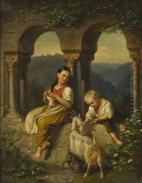 Idyll with Children and Goats at a Ruin Oil Painting by Robert Heck