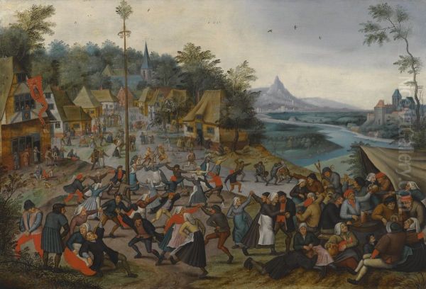 The kermesse od Saint George with the dance around the maypole Oil Painting by Pieter Brueghel the Younger