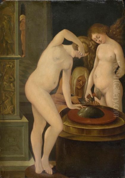 Frauenbad mit Spiegel Oil Painting by Hans Baldung Grien