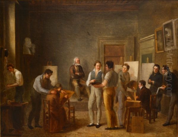 La Classe de peinture a l'ecole de dessin de Lyon by Jean-Marie Jacomin Oil Painting by Jean-Marie Jacomin