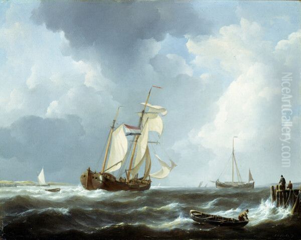 Kofschip temidden van andere vaartuigen onder zeil, nabij een kust Oil Painting by Johannes Christiaan Schotel