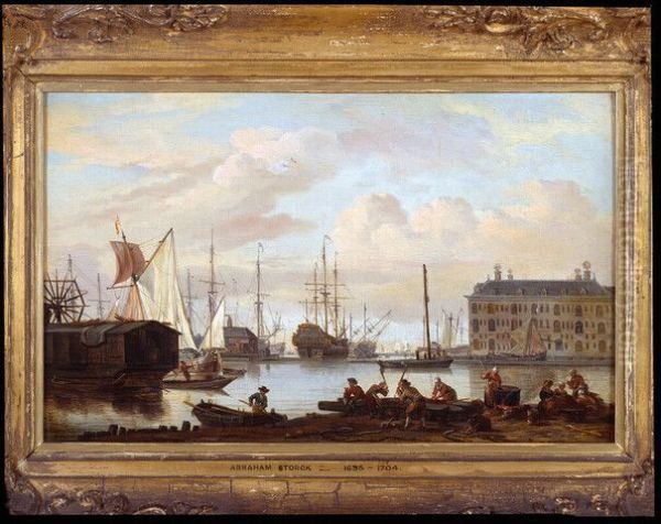 Het 's Lands Zeemagazijn en omgeving te Amsterdam, gezien vanaf de Buitenkant Oil Painting by Abraham Storck