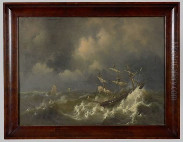 Het fregatschip Zr.Ms. Rotterdam ter hoogte van Texel een storm afrijdende Oil Painting by Govert Van Emmerik