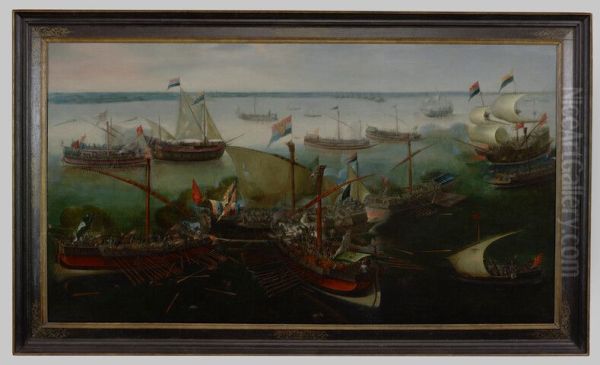 The battle at Sluis, with Dutch and Spanish galleys, May 26th, 1603 Oil Painting by Hendrick Cornelisz Vroom