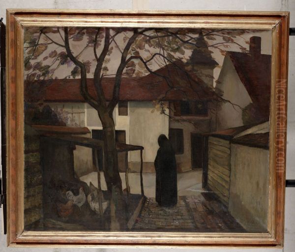 Cour (Binnenplaats met kippen) Oil Painting by Gerrit Willem Van Blaaderen