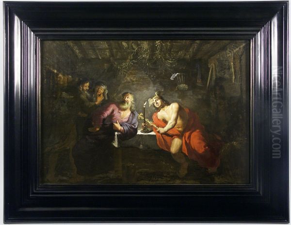 Zeus en Hermes in de hut van Philemon en  Baucis. Oil Painting by Gerhard Jan Palthe