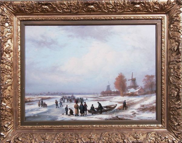 Schaatsenrijders op de benedenloop van de IJssel Oil Painting by Louis Meijer