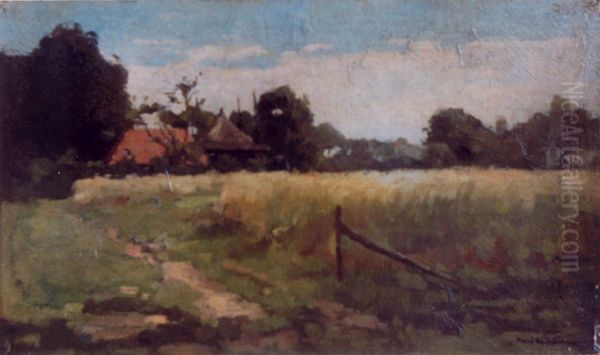 Korenveld met boerderij in de verte Oil Painting by Paul Bodifee