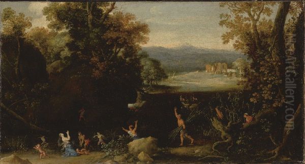 Boslandschap met Latona en de Lycische boeren Oil Painting by Bartholomeus Breenbergh