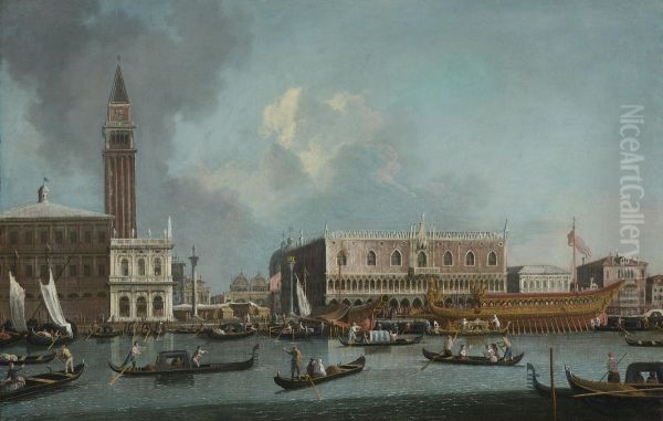 The Bucintoro Returning To The Molo On Ascension Day Oil Painting by Bernardo Canal