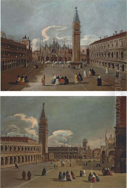 A View Of Saint Mark's Square, Venice, Looking East Towards The Basilica And The Campanile Oil Painting by Bernardo Canal