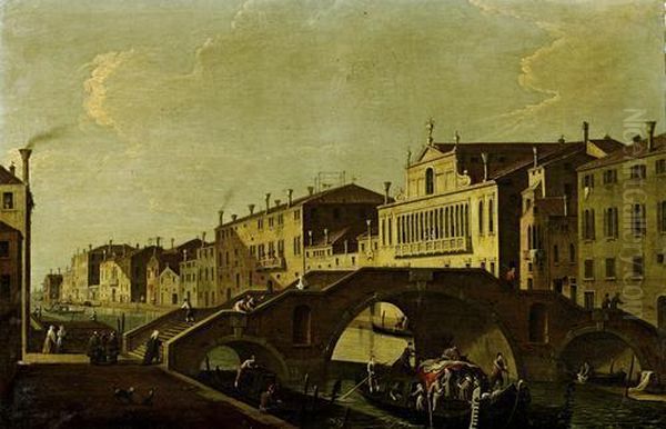 Cannaregio With The Ponte Tre Archi And Palazzo Valier, Venice Oil Painting by Bernardo Canal