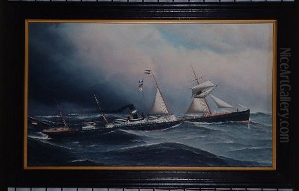 Het s.s. 'Obdam' van de Nederlandsch Amerikaansche Stoomvaart Maatschappij (NASM) Oil Painting by Antonio Jacobsen